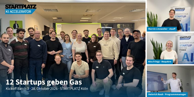 Kickoff von Batch 3 im STARTPLATZ KI Accelerator: Gruppenfoto der zwölf Startups, dazu Marvin Linxweiler (staaff), Kira Frings (RequAIre) und Programmmanager Heinrich Rauh