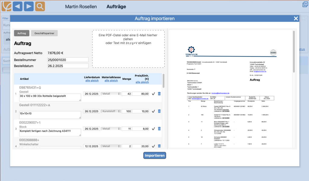 OCX in der Software von fi-square: eine Bestellung wird eingelesen und als Auftrag mit Artikeln, Mengen und Preisen übernommen